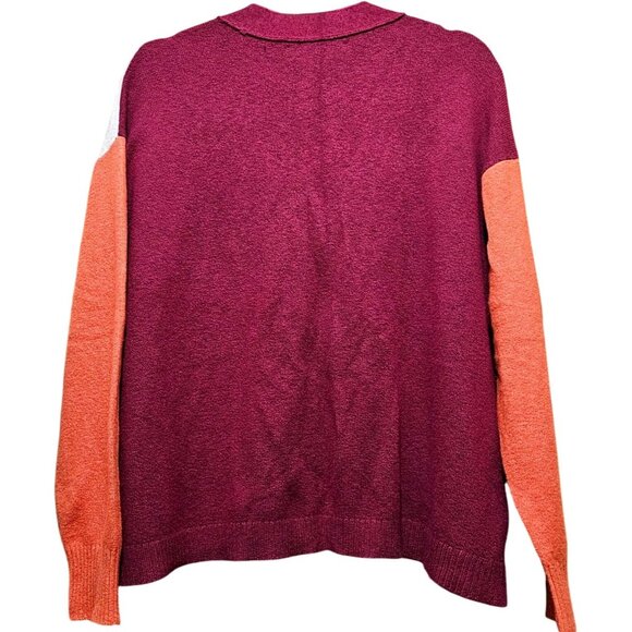 Loft Womens Colorblock Cardigan Sweater L Button Front Cotton Blend Burgundy/Ora - Picture 2 of 8